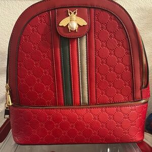 Red Designer Backpack with Gold Bee Accent